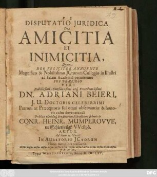 Disputatio Iuridica De Amicitia Et Inimicitia