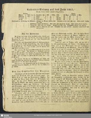 Calender-Anhang auf das Jahr 1863