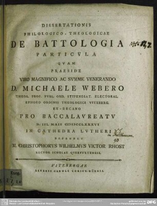Dissertationis Philologico-Theologicae De Battologia Particula