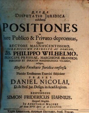 Disp. iur. exhibens positiones ex iure publico et privato depromptas