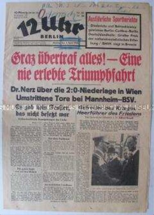 Berliner Tageszeitung "12 Uhr" zum Besuch Hitlers in Österreich nach dem "Anschluss"