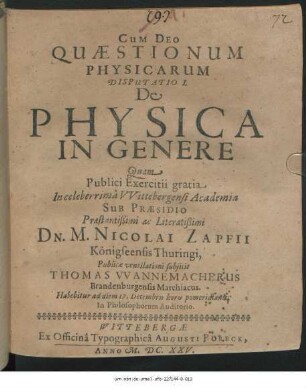 Quaestionum Physicarum Disputatio I. De Physica In Genere