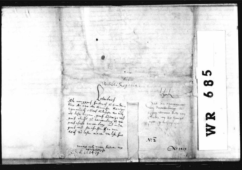 Markgraf Friedrich von Brandenburg anstatt König Sigmunds belehnt den Grafen Rudolf von Sulz als Träger der Grafen Ludwig I. und Ulrich V. mit den Reichslehen und Regalien.