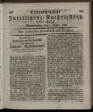 XXII. Stück. Sonnabends: den 3. Junii, 1786.
