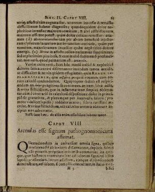 Caput VIII Arenulas esse signum pathognomonicum affirmat.