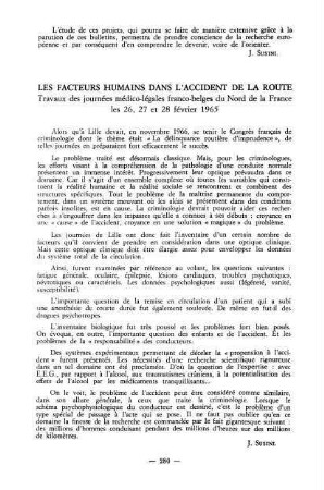 280, Les facteurs humains dans l'accident de la route. Travaux des journées médico-légales franco-belges du Nord de la France les 26-28 février 1965