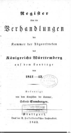 1,12: Landtag Württemberg - Kammer 2, Register 1841-1843