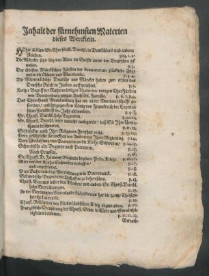 Inhalt der fürnehmsten Materien dieses Werckleins.