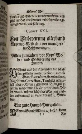 Caput XXI. Von Zubereitung allerhand Artzeney-Mitteln/ vor mancherley Beschwerungen.