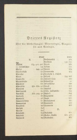 Drittes Register; über die Abtheilungen: Mineralogie, Geognosie und Geologie.