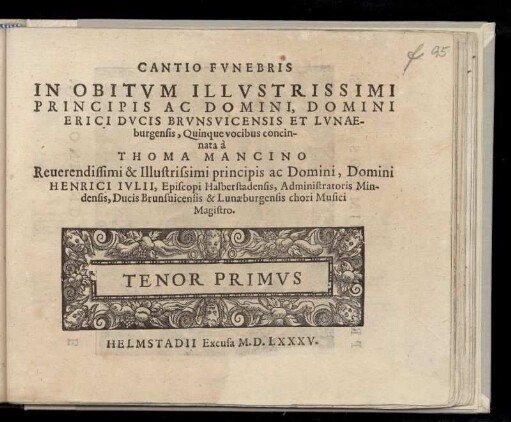 Thomas Mancinus: Cantio funebris ... quinque vocibus. Tenor Primus