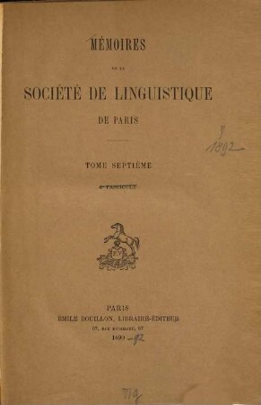 Mémoires de la Société de Linguistique de Paris. 7. 1892
