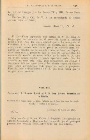 Núm. 149. Carta del Ranón Llord al R. P. Juan Ricart, Superior de la Misión