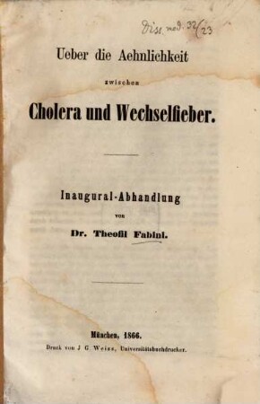 Ueber die Aehnlichkeit zwischen Cholera und Wechselfieber : Inaugural-Abhandlung