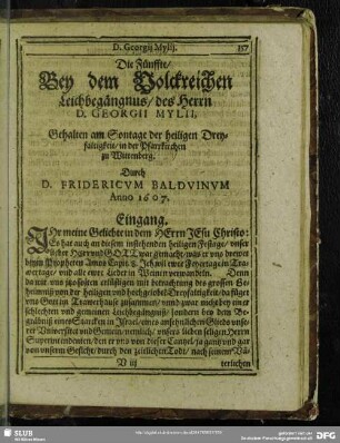 Die Fünffte, Bey dem Volckreichen Leichbegängnus, der Herrn D. Georgii Mylii, Gehalten am Sontage der heiligen Dreyfaltigkeit, in der Pfarrkirchen zu Wittenberg