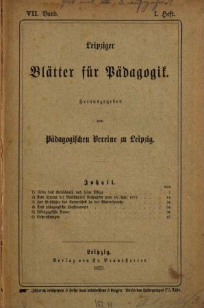 Leipziger Blätter für Pädagogik, 7,1/3. 1873