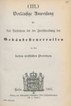 Vorläufige Anweisung für das Verfahren bei der Fortschreibung der Gebäudesteuerrollen in den beiden westlichen Provinzen