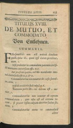Titulus XVIII. De Mutuo, Et Commodato.