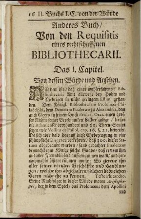 Anderes Buch/ Von den Requisitis eines rechtschaffenden Bibliothecarii.