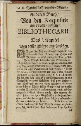 Anderes Buch/ Von den Requisitis eines rechtschaffenden Bibliothecarii.