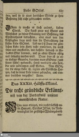Das XXXIII. Hülffs-Mittel. Die recht gründliche Erkänntniß von der Verderbniß unserer menschlichen Natur