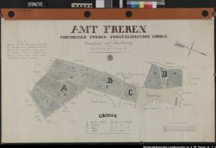"Forstorte Alt-Frerener-Forst, Sunderberg, Telgen und Saller nördlich von Freren. Amt Freren, Forstrevier Freren, Forstinspektion Vörden, Vermessung und Kartierung". Boden-Art und -Qualität, Holzarten, Größenangaben, Alter der Bestände. Ausf.-Art: Farbige Zeichnung Herst.: Müller Format: 66 x 114 cm Maßstab: 1 : 3200