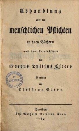 Abhandlung über die menschlichen Pflichten : in 3 Büchern, 1