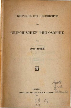 Beiträge zur Geschichte der griechischen Philosophie