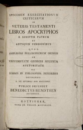 Specimen Exercitationum Criticarum In Veteris Testamenti Libros Apocryphos E Scriptis Patrum Et Antiquis Versionibus