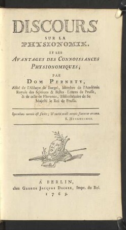 Discours Sur La Physionomie, Et Les Avantages Des Connoissances Physionomiques