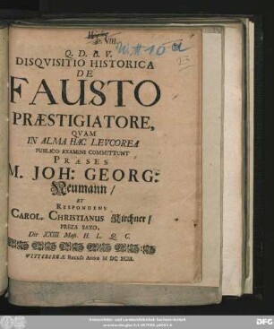 Disquisitio Historica De Fausto Praestigiatore