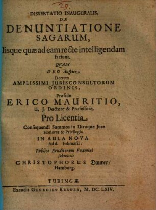 Dissertatio Inauguralis, De Denuntiatione Sagarum, Iisque quae ad eam recte intelligendam faciunt