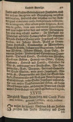 XXVII. Vergleich Amts Reineberg mit Cordt Plato von Schlon, genannt Gehlen, 1617. ratione Jurisdictionis.