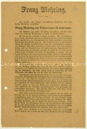 Flugblatt der KPD zum Tod von Franz Mehring
