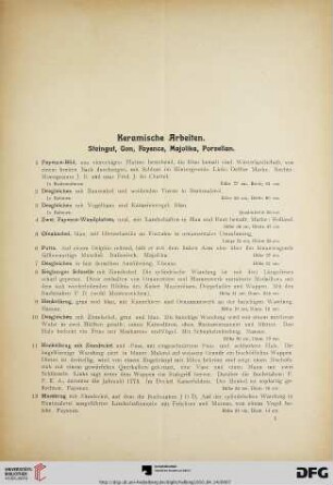 Keramische Arbeiten. Steingut, Ton, Fayence, Majolika, Porzellan (Nr. 1-95)