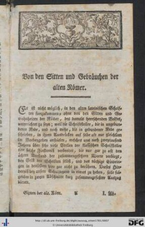 Von den Sitten und Gebräuchen der alten Römer.
