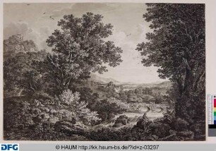 Südliche Landschaft mit Fluss, an dessen Ufer rechts 3 vornehme Jünglinge (einer davon mit der Flöte)