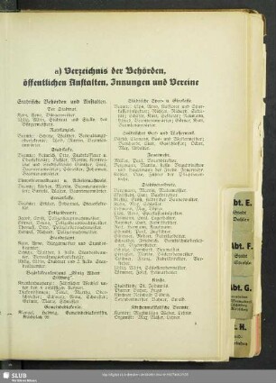 a) Behördenverzeichnis : a) Verzeichnis der Behörden, öffentlichen Anstalten, Innungen und Vereine