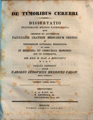 De tumoribus cerebri : Diss. inaug. med. path. ; cum tab. aen.