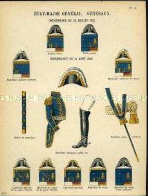 Uniformdarstellung, Detailstudien von Hüten, Abzeichen, Marschallstab, Rock, Stiefel, Schärpe und Degen verschiedener Generäle und des Generalfeldmarschalls, Frankreich, 1815/1816.