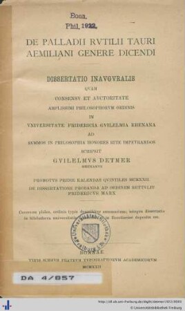 De Palladii Rvtilii Tauri Aemiliani genere dicendi