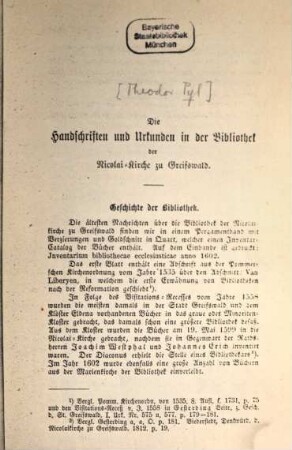 Die Handschriften und Urkunden in der Bibliothek der Nicolai-Kirche zu Greifswald. 1. 1865. - S. 148-195
