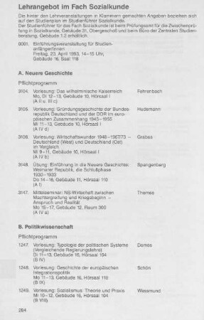 Lehrangebot im Fach Sozialkunde