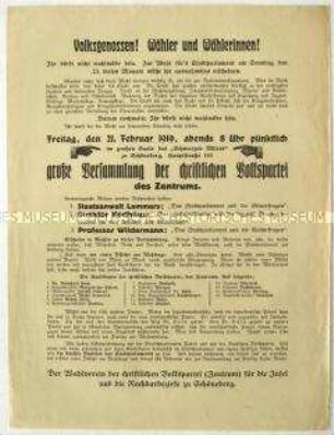 Aufruf der Zentrumspartei zu einer Versammlung am 21. Februar 1919 in Berlin und zur bevorstehenden Stadtverordnetenwahl