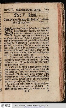 Der V. Titul. Vom Einwerffen oder Stillstehen in der Erbtheilung
