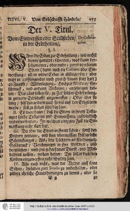 Der V. Titul. Vom Einwerffen oder Stillstehen in der Erbtheilung