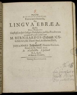 [...] Dialektoskopias Exercitatio Secunda, De Lingua Ebraea