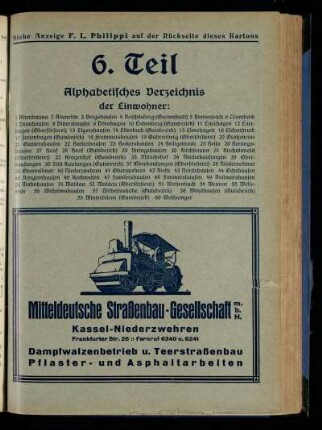 Alphabetisches Verzeichnis der Einwohner: Altenbauna, Altenritte, Bergshausen, Brasselsberg (Gartenstadt), Breitenbach, Crumbach, Dennhausen, Dittershausen, Dörnhagen, Eichenberg (Gutsbezirk), Eiterhagen, Eiterhagen (Oberförsterei), Elgershausen, Ellenbach (Gutsbezirk), Elmshagen, Eschenstruth, Freienhagen (Gutsbezirk), Frommershausen, Gahrenberg (Oberförsterei), Großenritte, Guntershausen, Harleshausen, Heckershausen, Heiligenrode, Helsa, Hertingshausen, Hoof, Hoof (Gutsbezirk), Ihringshausen, Kirchbauna, Kirchditmold (Oberförsterei), Kragenhof (Gutsbezirk), Mönchehof, Niederkaufungen, Oberkaufungen, Stift Kaufungen (Gutsbezirk), Oberkaufungen (oberförsterei), Niedervellmar, Obervellmar, Niederzwehren, Oberzwehren, Nieste, Nordshausen, Ochshausen, Rengershausen, Rothwesten, Sandershausen, Simmershausen, Vollmarshausen, Wahnhausen, Waldau, Waldau (Oberförsterei), Wattenbach, Weimar, Wellerode, Wilhelmshausen, Wilhelmshöhe (Gutsbezirk), Windhausen (Gutsbezirk), Winterbüren (Gutsbezirk), Wolfsanger