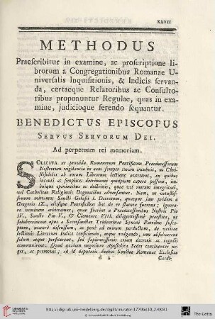 Methodus: Praescribitur in examine [...] Benedictus Episcopus Servus Servorum Dei