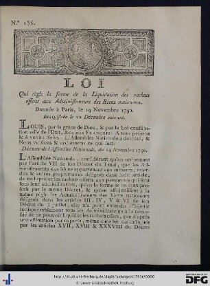 Loi, Qui règle la forme de la Liquidation des rachats offerts aux Administrateurs des Biens nationaux.